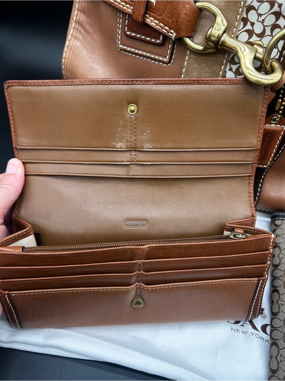 Vintage Coach Hamptons Stripe Carryall Purse Tote Bag Camel Tan Matching Wallet - Picture 5 of 16